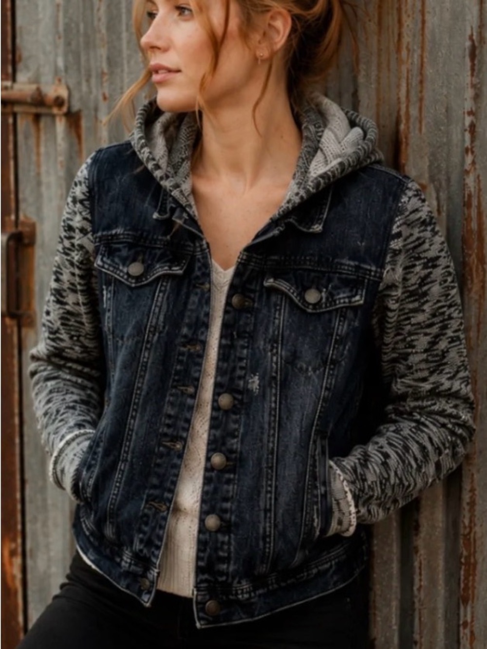 Free People Denim Knit Sleeve Hooded Jacket Distressed Dark Wash Size L - Picture 1 of 9